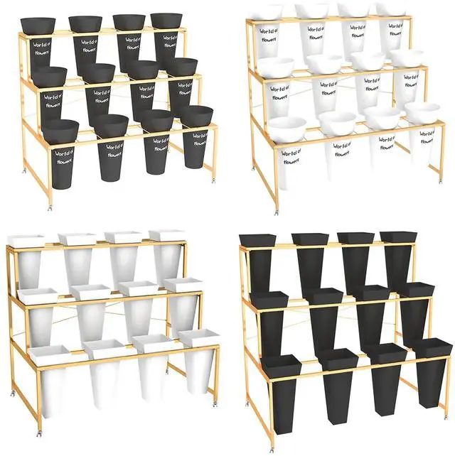 Alt view image 5 of 6 - Flower Display Stand With 12PCS Buckets, 3 Layers Metal Plant Stand with Wheels, Heavy Duty Moving Plant Cart Shelf, for Indoor, Outdoor Patio Garden, Living Room, Florist (White - Square Bucket)
