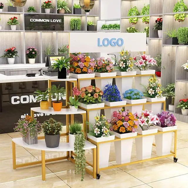 Alt view image 6 of 6 - Flower Display Stand With 12PCS Buckets, 3 Layers Metal Plant Stand with Wheels, Heavy Duty Moving Plant Cart Shelf, for Indoor, Outdoor Patio Garden, Living Room, Florist (White - Square Bucket)