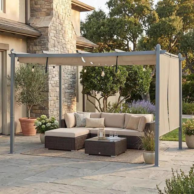 Alt view image 4 of 6 - 4.8x6 FT Aluminum Pergola Roller Shade - Cordless Gazebo Curtain, 2-Pack for Outdoor Pergola or Gazebo, Khaki