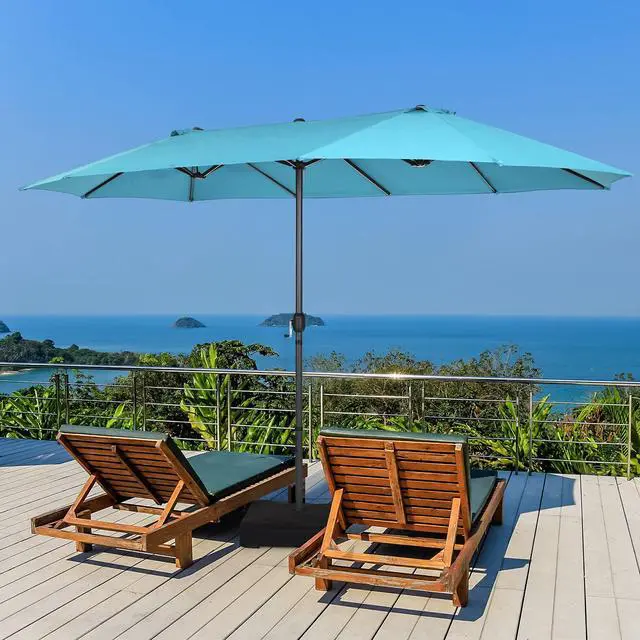 Alt view image 2 of 6 - 15FT Double-Sided Patio Umbrella, Outdoor Ultra-Large Twin Market Garden Umbrella W/Hand-Crank & Enhanced Base, for Residential & Commercial Use (Turquoise)