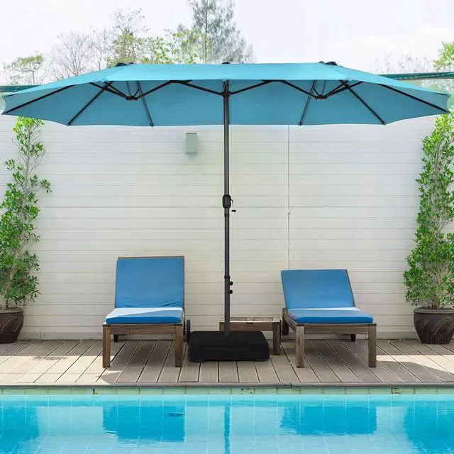 Alt view image 3 of 6 - 15FT Double-Sided Patio Umbrella, Outdoor Ultra-Large Twin Market Garden Umbrella W/Hand-Crank & Enhanced Base, for Residential & Commercial Use (Turquoise)