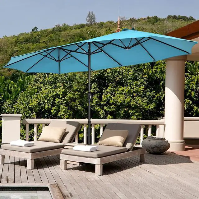 Alt view image 4 of 6 - 15FT Double-Sided Patio Umbrella, Outdoor Ultra-Large Twin Market Garden Umbrella W/Hand-Crank & Enhanced Base, for Residential & Commercial Use (Turquoise)