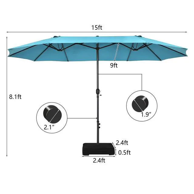 Alt view image 5 of 6 - 15FT Double-Sided Patio Umbrella, Outdoor Ultra-Large Twin Market Garden Umbrella W/Hand-Crank & Enhanced Base, for Residential & Commercial Use (Turquoise)