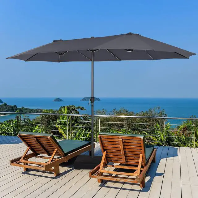 Alt view image 2 of 6 - 15FT Double-Sided Patio Umbrella, Outdoor Market Umbrella W/Hand-Crank System & Enhanced Base, Ultra-Large Twin Garden Umbrella W/ 12-Rib Structure for Residential & Commercial Use (Gray)