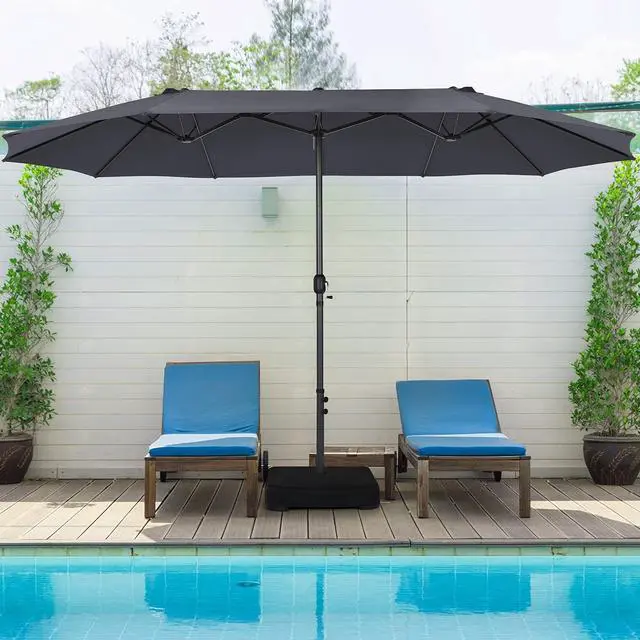 Alt view image 3 of 6 - 15FT Double-Sided Patio Umbrella, Outdoor Market Umbrella W/Hand-Crank System & Enhanced Base, Ultra-Large Twin Garden Umbrella W/ 12-Rib Structure for Residential & Commercial Use (Gray)