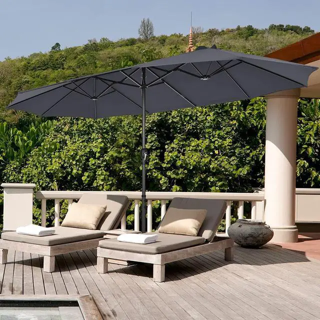 Alt view image 4 of 6 - 15FT Double-Sided Patio Umbrella, Outdoor Market Umbrella W/Hand-Crank System & Enhanced Base, Ultra-Large Twin Garden Umbrella W/ 12-Rib Structure for Residential & Commercial Use (Gray)