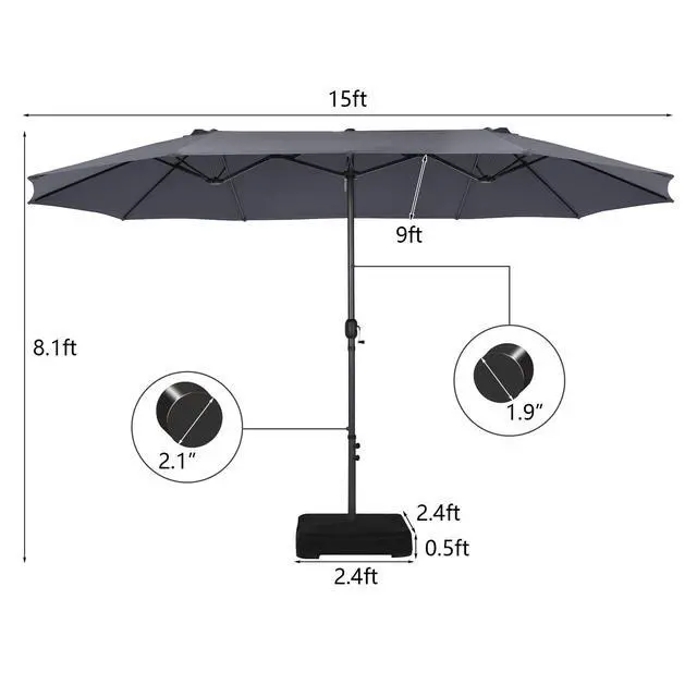 Alt view image 5 of 6 - 15FT Double-Sided Patio Umbrella, Outdoor Market Umbrella W/Hand-Crank System & Enhanced Base, Ultra-Large Twin Garden Umbrella W/ 12-Rib Structure for Residential & Commercial Use (Gray)