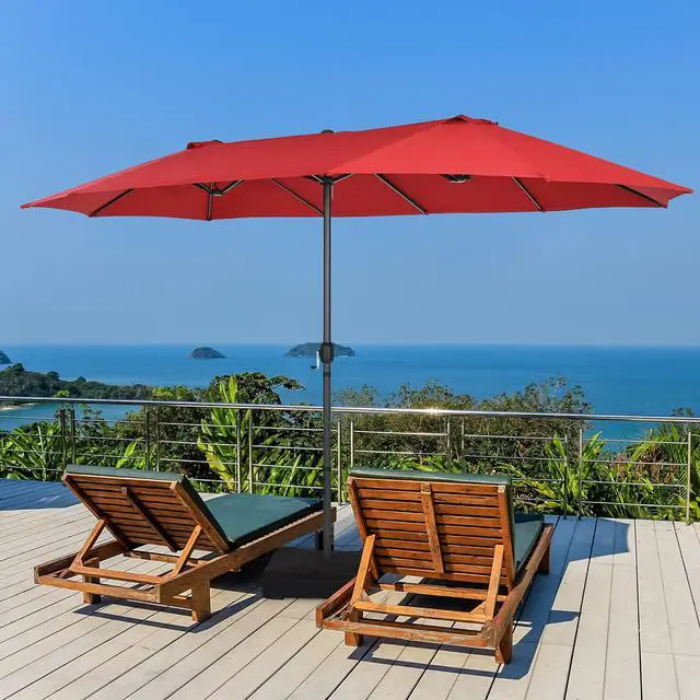 Alt view image 2 of 6 - 15FT Double-Sided Patio Umbrella, Outdoor Market Umbrella W/Hand-Crank System & Enhanced Base, Ultra-Large Twin Garden Umbrella W/ 12-Rib Structure for Residential & Commercial Use (Wine)