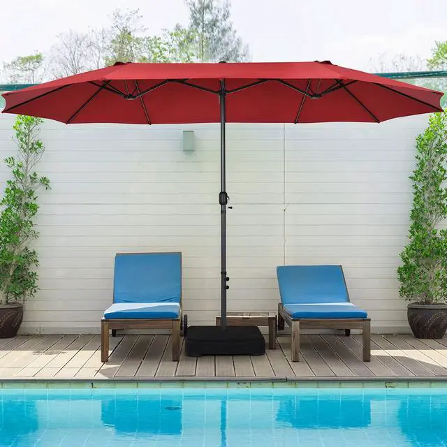 Alt view image 3 of 6 - 15FT Double-Sided Patio Umbrella, Outdoor Market Umbrella W/Hand-Crank System & Enhanced Base, Ultra-Large Twin Garden Umbrella W/ 12-Rib Structure for Residential & Commercial Use (Wine)