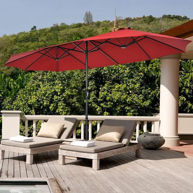 Alt view image 4 of 6 - 15FT Double-Sided Patio Umbrella, Outdoor Market Umbrella W/Hand-Crank System & Enhanced Base, Ultra-Large Twin Garden Umbrella W/ 12-Rib Structure for Residential & Commercial Use (Wine)
