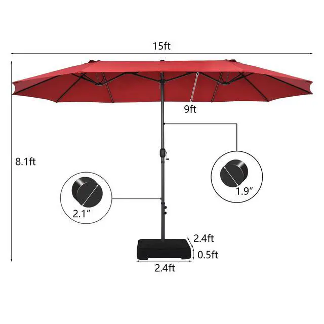 Alt view image 5 of 6 - 15FT Double-Sided Patio Umbrella, Outdoor Market Umbrella W/Hand-Crank System & Enhanced Base, Ultra-Large Twin Garden Umbrella W/ 12-Rib Structure for Residential & Commercial Use (Wine)