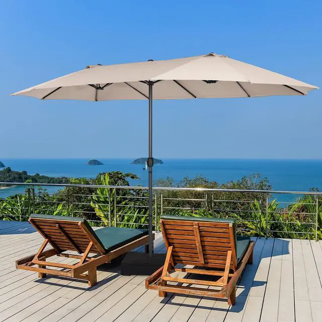 Alt view image 2 of 6 - 15FT Double-Sided Patio Umbrella, Outdoor Market Umbrella W/Hand-Crank System & Enhanced Base, Ultra-Large Twin Garden Umbrella W/ 12-Rib Structure for Residential & Commercial Use (Beige)