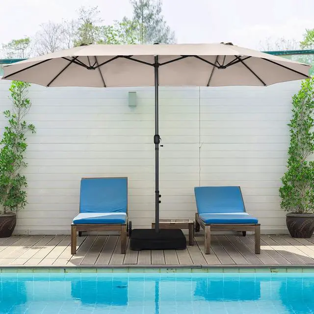 Alt view image 3 of 6 - 15FT Double-Sided Patio Umbrella, Outdoor Market Umbrella W/Hand-Crank System & Enhanced Base, Ultra-Large Twin Garden Umbrella W/ 12-Rib Structure for Residential & Commercial Use (Beige)