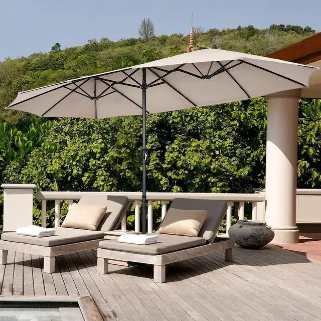 Alt view image 4 of 6 - 15FT Double-Sided Patio Umbrella, Outdoor Market Umbrella W/Hand-Crank System & Enhanced Base, Ultra-Large Twin Garden Umbrella W/ 12-Rib Structure for Residential & Commercial Use (Beige)