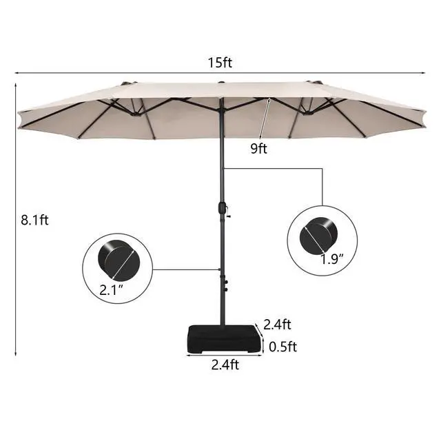 Alt view image 5 of 6 - 15FT Double-Sided Patio Umbrella, Outdoor Market Umbrella W/Hand-Crank System & Enhanced Base, Ultra-Large Twin Garden Umbrella W/ 12-Rib Structure for Residential & Commercial Use (Beige)