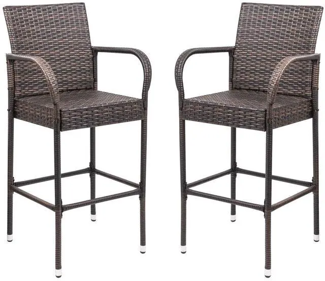 Main image of Patio Bar Stools Wicker Barstools Indoor Outdoor Bar Stool Patio Furniture with Footrest and Armrest for Garden Pool Lawn Backyard Set of 2 (Brown)