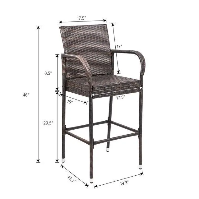 Alt view image 3 of 6 - Patio Bar Stools Wicker Barstools Indoor Outdoor Bar Stool Patio Furniture with Footrest and Armrest for Garden Pool Lawn Backyard Set of 2 (Brown)
