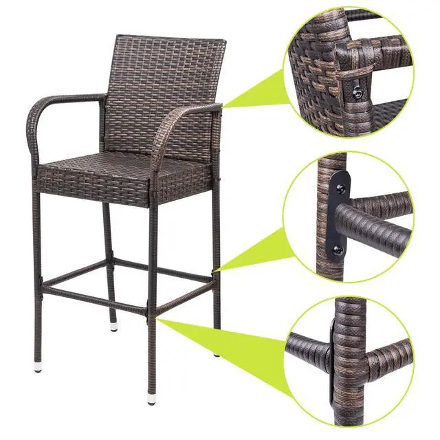 Alt view image 4 of 6 - Patio Bar Stools Wicker Barstools Indoor Outdoor Bar Stool Patio Furniture with Footrest and Armrest for Garden Pool Lawn Backyard Set of 2 (Brown)