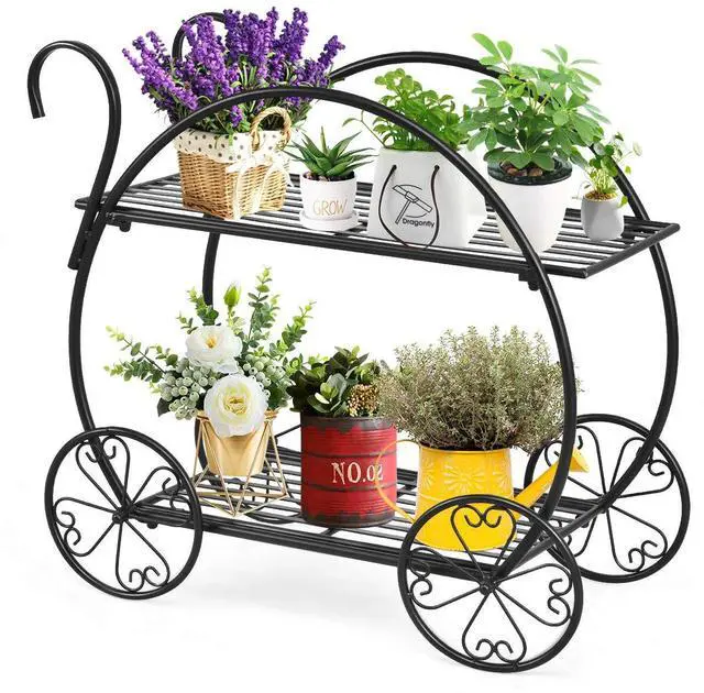 Main image of Garden Cart Metal Plant Stand with 4 Decorative Wheels, Succulent Collection Flower Pot Holder Display Shelf for Home Patio Garden Flower Shop, Parisian Style Plant Potted Rack (2-Tier)