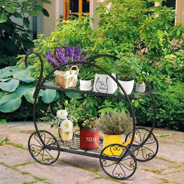 Alt view image 2 of 6 - Garden Cart Metal Plant Stand with 4 Decorative Wheels, Succulent Collection Flower Pot Holder Display Shelf for Home Patio Garden Flower Shop, Parisian Style Plant Potted Rack (2-Tier)