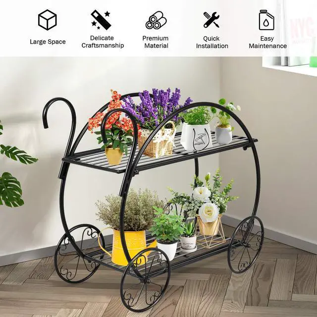 Alt view image 3 of 6 - Garden Cart Metal Plant Stand with 4 Decorative Wheels, Succulent Collection Flower Pot Holder Display Shelf for Home Patio Garden Flower Shop, Parisian Style Plant Potted Rack (2-Tier)