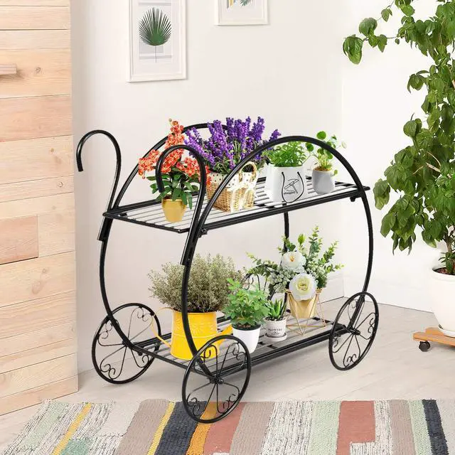 Alt view image 4 of 6 - Garden Cart Metal Plant Stand with 4 Decorative Wheels, Succulent Collection Flower Pot Holder Display Shelf for Home Patio Garden Flower Shop, Parisian Style Plant Potted Rack (2-Tier)