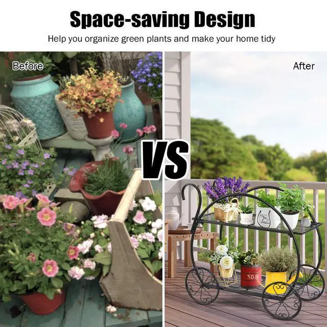 Alt view image 5 of 6 - Garden Cart Metal Plant Stand with 4 Decorative Wheels, Succulent Collection Flower Pot Holder Display Shelf for Home Patio Garden Flower Shop, Parisian Style Plant Potted Rack (2-Tier)