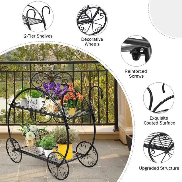 Alt view image 6 of 6 - Garden Cart Metal Plant Stand with 4 Decorative Wheels, Succulent Collection Flower Pot Holder Display Shelf for Home Patio Garden Flower Shop, Parisian Style Plant Potted Rack (2-Tier)
