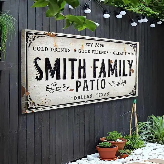 Main image of Outdoor Patio Sign - Personalized Patio Wall Canvas Art Decor for Backyard, Pool, Deck, Porch, Bar and Custom Gift Idea for Friends, Family and Couples - Cold Drinks and Great Times