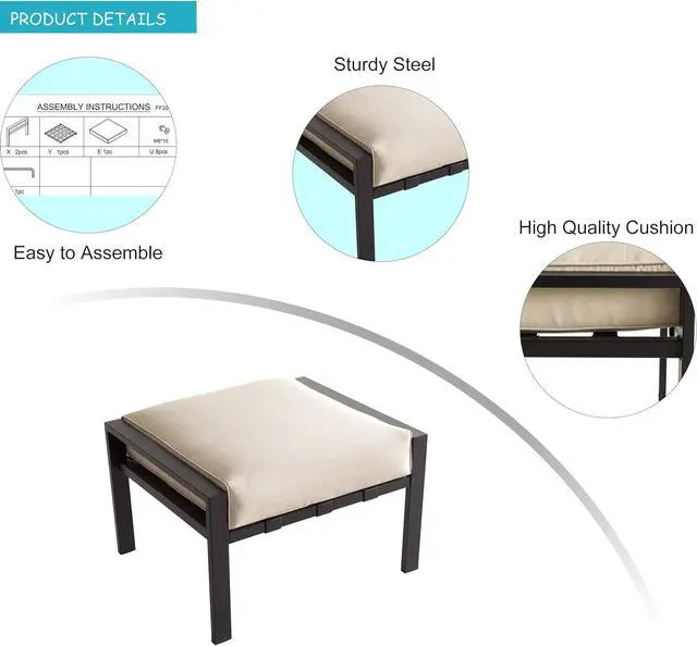 Alt view image 3 of 6 - Outdoor Ottoman Patio Footstool Small Seat Furniture with Soft Thick Cushion for Garden Yard Deck Poolside