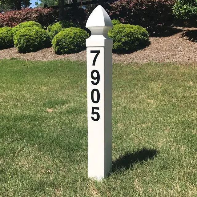 Alt view image 2 of 6 - White Address Post 32 Tall Address Marker - Customized Black House Numbers All Hardware & Stake Included Help Emergency Vehicles Find Your Home (Essex Cap)