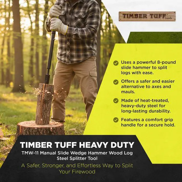 Alt view image 2 of 6 - Manual Log Splitter, Heavy-Duty Steel Wood Splitting Tool, Slide Hammer & Comfort Grip Handle for Firewood, Kindling, TMW-11, Green