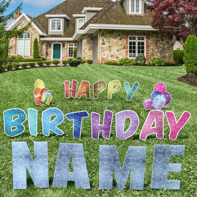 Main image of Rainbow Sparkle Happy Birthday Yard Letters 17pc Custom Name Outdoor Lawn Decorations with Stakes No-Mess Glitter Design 20 Letters Birthday Yard Sign Display Made in USA by