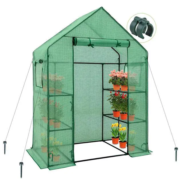 Main image of Walk in 3-Tier Greenhouse with Wire Shelves, Portable Indoor and Outdoor Green House with Roll-Up Zippered Door & 2 Roll Up Side Windows, 4 Shelves, 61"x28"x79", Clear/Green PE Cover