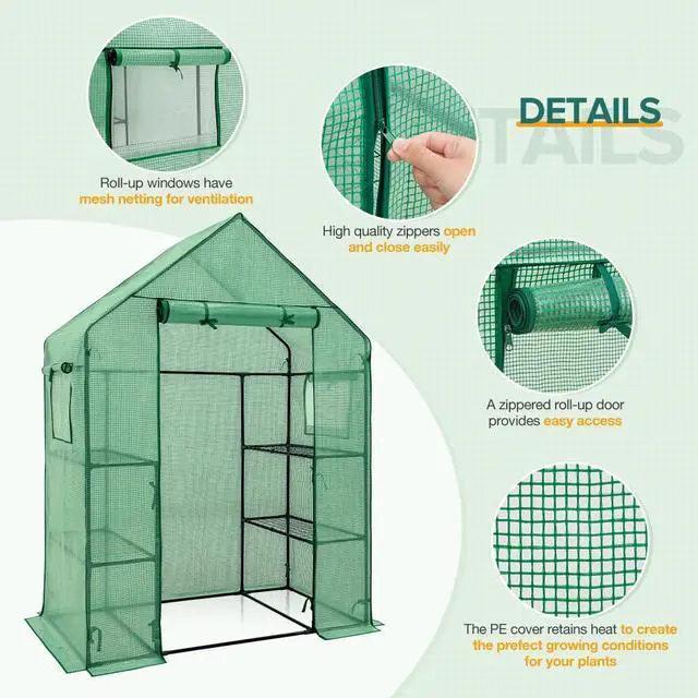 Alt view image 2 of 6 - Walk in 3-Tier Greenhouse with Wire Shelves, Portable Indoor and Outdoor Green House with Roll-Up Zippered Door & 2 Roll Up Side Windows, 4 Shelves, 61"x28"x79", Clear/Green PE Cover