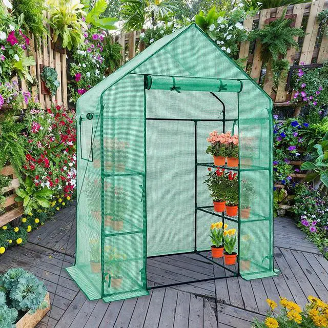 Alt view image 5 of 6 - Walk in 3-Tier Greenhouse with Wire Shelves, Portable Indoor and Outdoor Green House with Roll-Up Zippered Door & 2 Roll Up Side Windows, 4 Shelves, 61"x28"x79", Clear/Green PE Cover