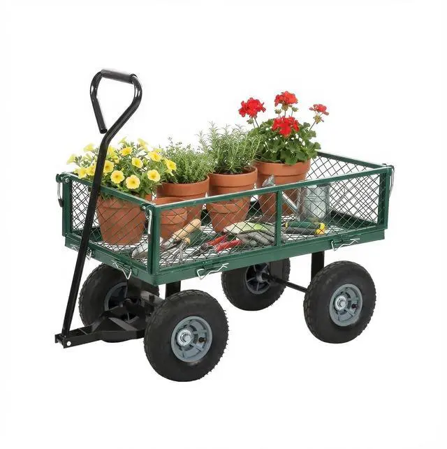 Main image of Heavy Duty 500 Lbs Capacity Mesh Steel Garden Cart Folding Utility Wagon with Removable Sides for Beach Lawn Yard Landscape (Deep Green)
