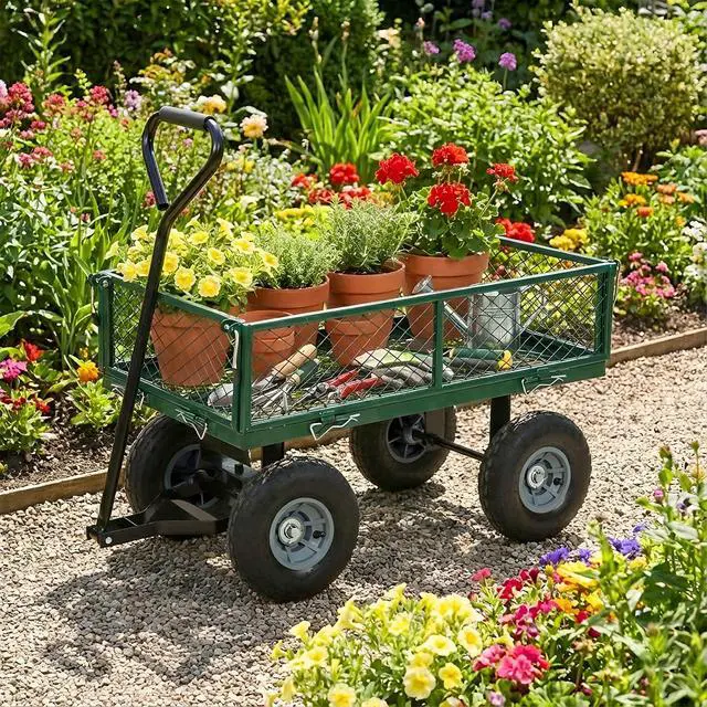 Alt view image 2 of 6 - Heavy Duty 500 Lbs Capacity Mesh Steel Garden Cart Folding Utility Wagon with Removable Sides for Beach Lawn Yard Landscape (Deep Green)