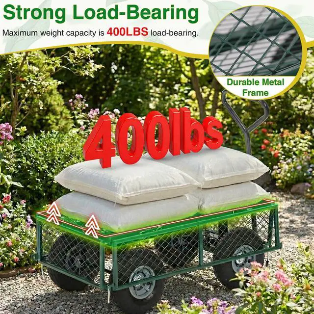 Alt view image 3 of 6 - Heavy Duty 500 Lbs Capacity Mesh Steel Garden Cart Folding Utility Wagon with Removable Sides for Beach Lawn Yard Landscape (Deep Green)