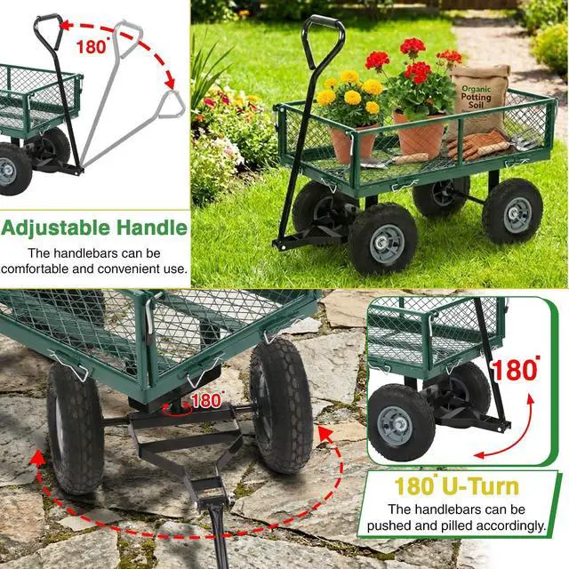 Alt view image 5 of 6 - Heavy Duty 500 Lbs Capacity Mesh Steel Garden Cart Folding Utility Wagon with Removable Sides for Beach Lawn Yard Landscape (Deep Green)