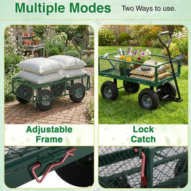 Alt view image 6 of 6 - Heavy Duty 500 Lbs Capacity Mesh Steel Garden Cart Folding Utility Wagon with Removable Sides for Beach Lawn Yard Landscape (Deep Green)