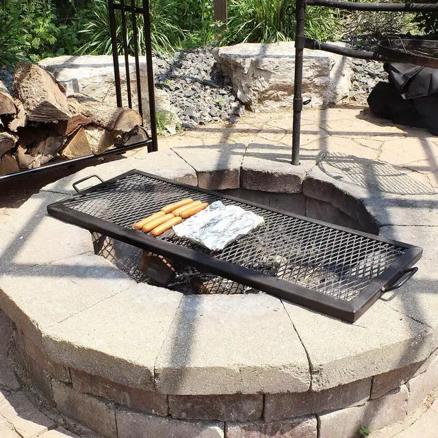 Alt view image 6 of 6 - Sunnydaze X-Marks Fire Pit Cooking Grate - Outdoor Rectangle Black Steel BBQ Campfire Grill with Handles - 40-Inch