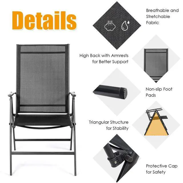 Alt view image 4 of 6 - Set of 2 Patio Dining Chairs, Folding Outdoor Chairs, Portable Camping Chairs with Breathable Fabric, Foldable Chairs with Armrest High Backrest for Garden Patio Pool Beach Yard, Black