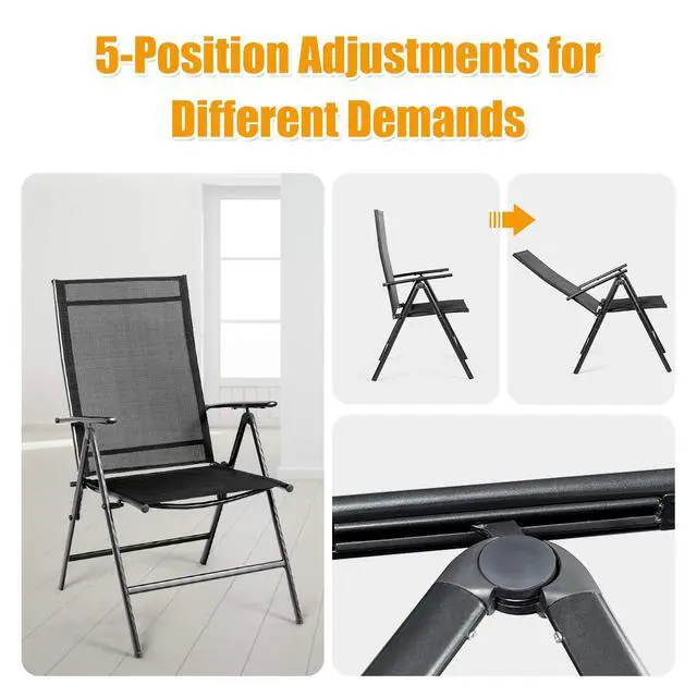 Alt view image 5 of 6 - Set of 2 Patio Dining Chairs, Folding Outdoor Chairs, Portable Camping Chairs with Breathable Fabric, Foldable Chairs with Armrest High Backrest for Garden Patio Pool Beach Yard, Black
