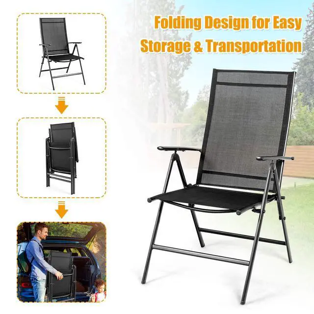 Alt view image 6 of 6 - Set of 2 Patio Dining Chairs, Folding Outdoor Chairs, Portable Camping Chairs with Breathable Fabric, Foldable Chairs with Armrest High Backrest for Garden Patio Pool Beach Yard, Black