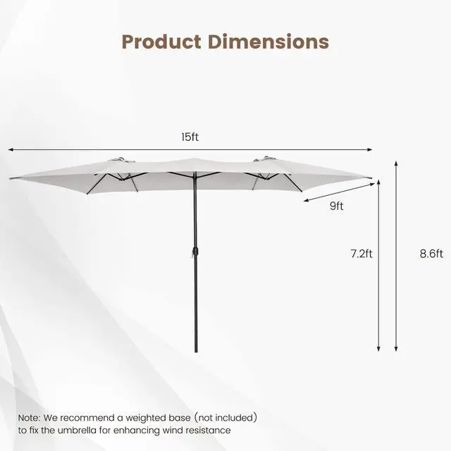 Alt view image 4 of 6 - 15 FT Double-Sided Patio Umbrella with Crank Handle, Vented Tops, Large Outdoor Rectangle Twin Umbrella with 10-Rib Metal Structure, Table Umbrella for Poolside Deck Lawn Garden (Beige)