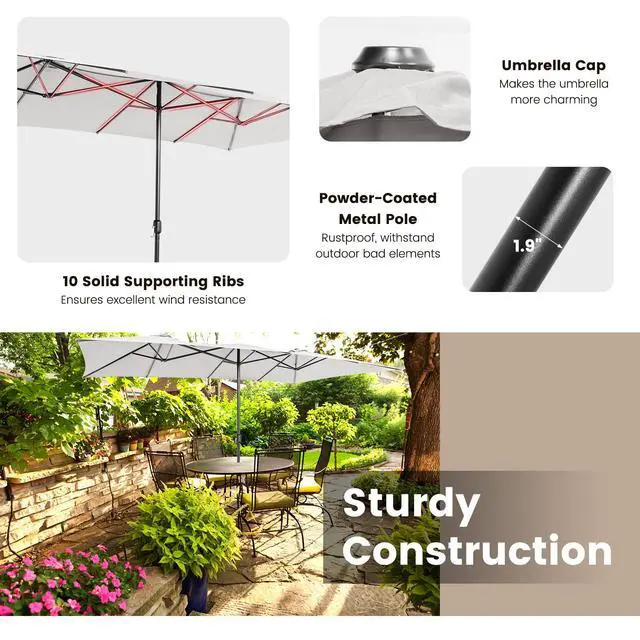 Alt view image 5 of 6 - 15 FT Double-Sided Patio Umbrella with Crank Handle, Vented Tops, Large Outdoor Rectangle Twin Umbrella with 10-Rib Metal Structure, Table Umbrella for Poolside Deck Lawn Garden (Beige)