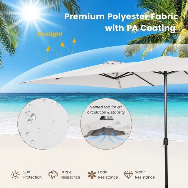 Alt view image 6 of 6 - 15 FT Double-Sided Patio Umbrella with Crank Handle, Vented Tops, Large Outdoor Rectangle Twin Umbrella with 10-Rib Metal Structure, Table Umbrella for Poolside Deck Lawn Garden (Beige)
