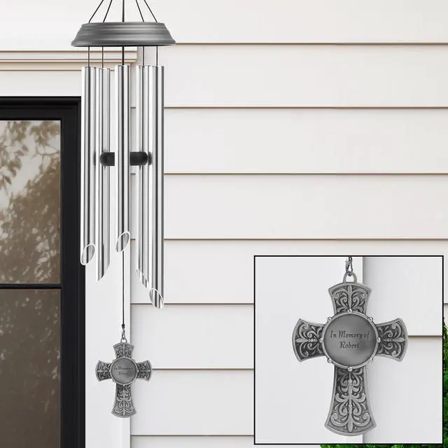 Alt view image 4 of 6 - Personalized Memorial Wind Chime - Sympathy - Condolences - Engraved - 30" H + Cross Medallion - Amazing Grace