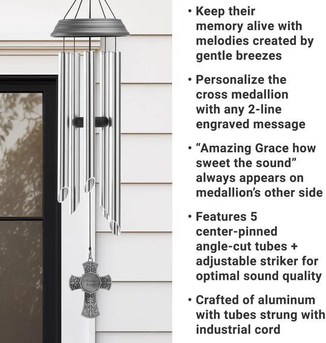 Alt view image 5 of 6 - Personalized Memorial Wind Chime - Sympathy - Condolences - Engraved - 30" H + Cross Medallion - Amazing Grace